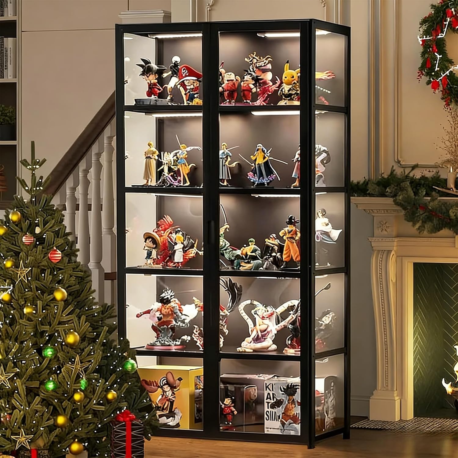 Vitrine aus Acrylglas, Schaukasten mit 5 Regalböden, Sammel-Spielzeug-Organizer, Bücherregal für Schlafzimmer, Leseecke, Kinder, Bambus (Schwarz, Doppeltür)