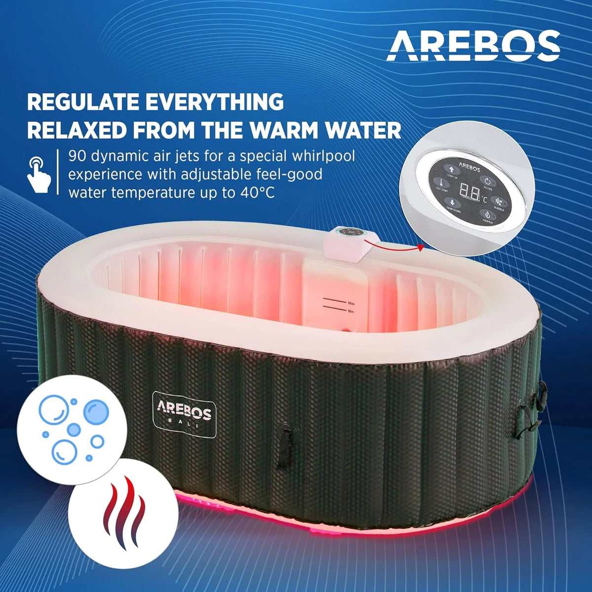 Arebos Bañera de hidromasaje con iluminación LED | SPA Hinchable | Interior y Exterior | 190x120 cm Ovalada | 2 Personas | 90 chorros de Masaje | con calefacción | 550 litros | Incl. Cubierta