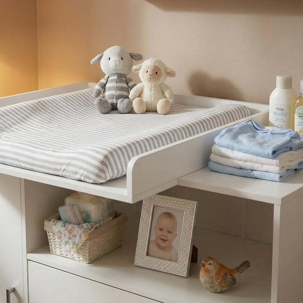 ecomi Cómoda Cambiador para bebé en Madera con Plan de Cambiar, 3 cajones, 1 puerta, Altura 100 cm, Color Blanco, Dimensiones 113x100 cm, tiradores cromados