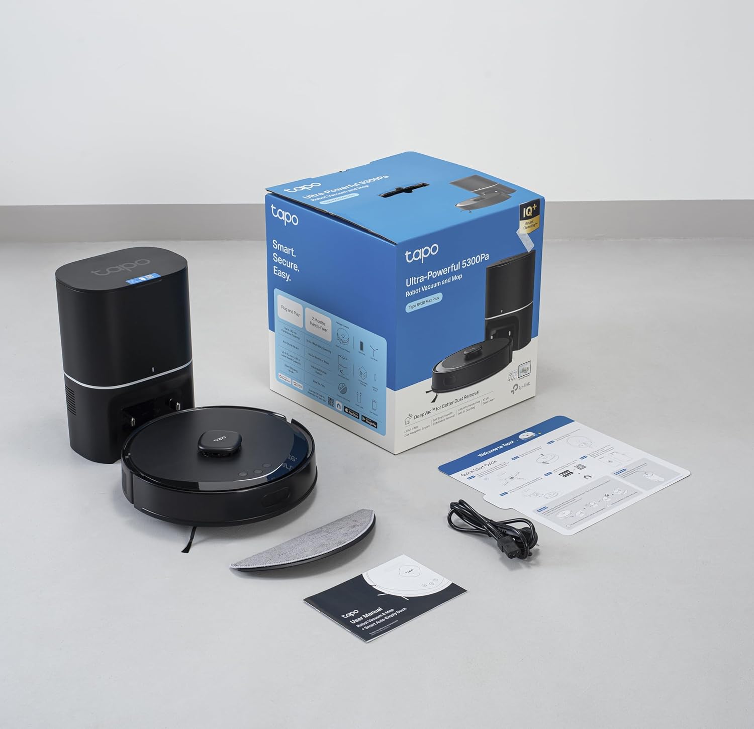 Tapo RV30 MAX Plus Roboterstaubsauger, 5300 Pa Ultra-Saugleistung mit Wischfunktion, 3L selbstentleerende Station, fortschrittliche LiDAR+IMU-Navigation, Sprach- und App-Steuerung, Schwarz
