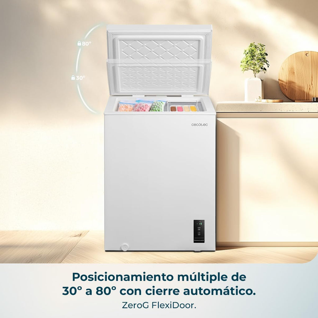 Cecotec Gefriertruhe 143L Bolero CoolMarket Chest 143P Weiß E. Korb mit Griffen, Elektronische LED-Steuerung, UltraContact D-Cool, Dual Function, ZeroG-Tür (80º-30º), Fast Freezing, Kompakt
