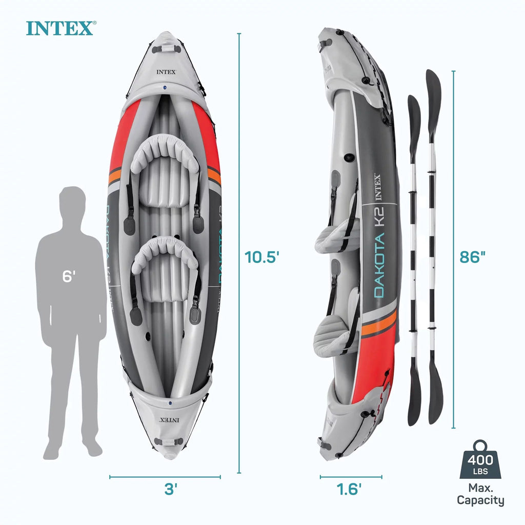 2025 Intex Dakota K2 aufblasbares 2-Personen-Vinyl-Kajak mit Paddeln und Pumpe – Offene Verpackung