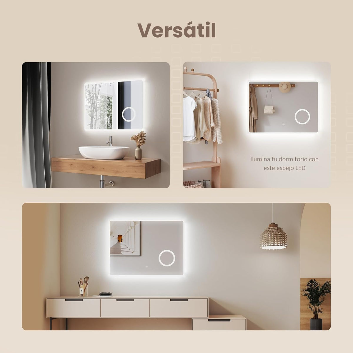 EMKE LED Badspiegel 90 x 70 cm, mit Touch-Schalter, Antibeschlag, 3X Lupe, Uhr, 6500K