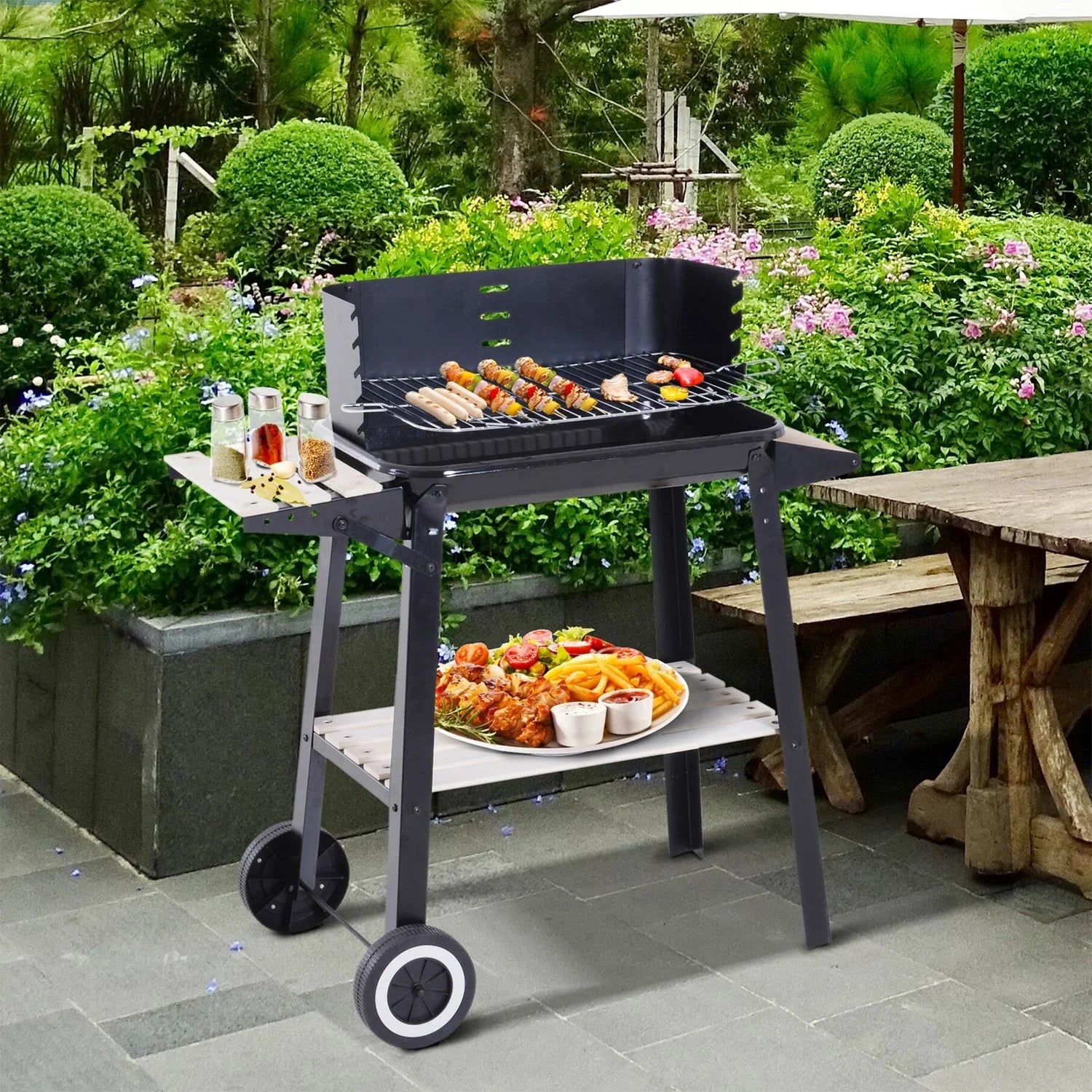 Holzkohlegrill mit Rädern und Ablage Outsunny 83x37x87cm Schwarz
