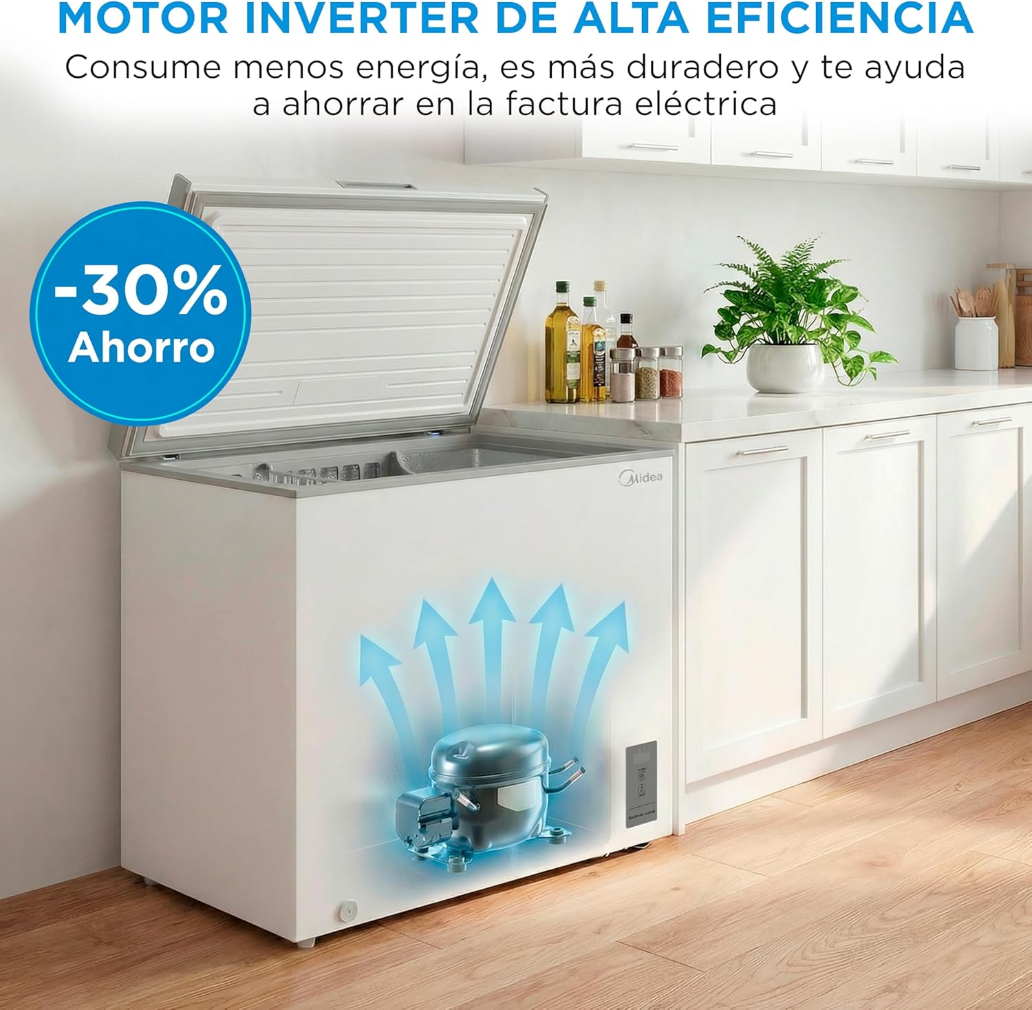 MIDEA Arcon Congelador Pequeño de 293L | Congelador Horizontal Convertible a Frigorífico con Motor Inverter, Control Electrónico de Temperatura, Cestas con Asa | Arcón Silencioso 41 db Bajo Consumo