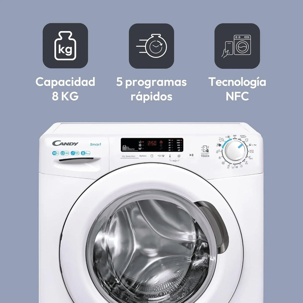 Candy Smart CS 14102DE/1-S, Washing Machine 10 kg, 1400 RPM, Digital Display and Control, NFC Technology, Voice Assistant, 15 Cycles, 5 Fast, Easy Ironing, Delay Start 24H, KG Detector, 81 DB, White