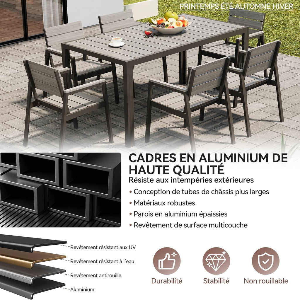 Devoko HDPS Conjunto de jardín de exterior de 7 piezas, resistente a la intemperie,con mesa de 150 cm y 6 sillas de jardín de exterior de aluminio,acabado imitación madera y fácil mantenimiento (gris)