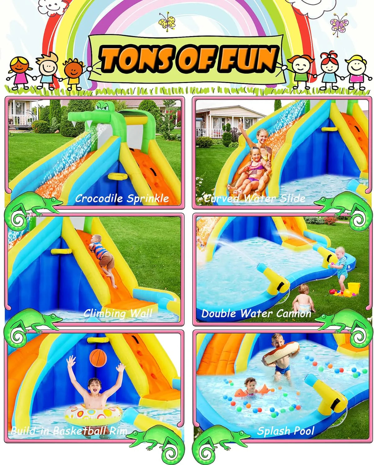 Tobogán acuático inflable 8-en-1 para niños: castillo inflable parque acuático con soplador de 450W, muro de escalada, piscina, 2 pistolas de agua, canasta de baloncesto, tobogán, rociador de cocodrilo – perfecto como regalo y para fiestas en el jard