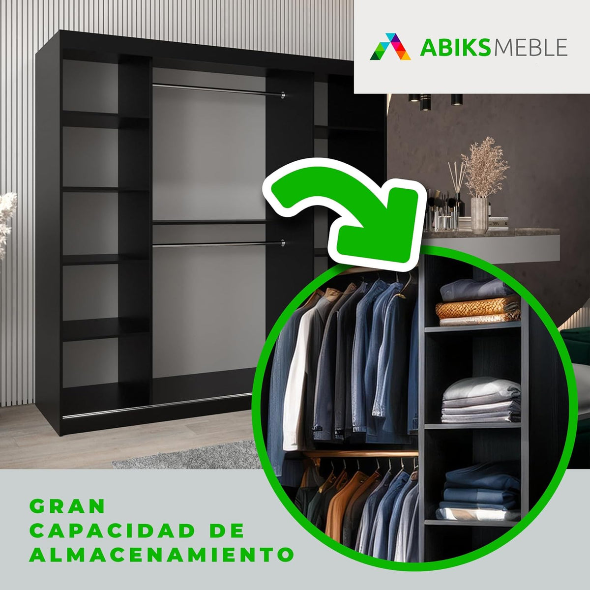 ABIKSMEBLE Verona 4 200 Bedroom Wardrobe with Three Sliding Doors – Modern Storage Cabinet with Mirror, Coat Rack and Shelves – 200 x 200 x 62 cm – Matte Black + Sonoma