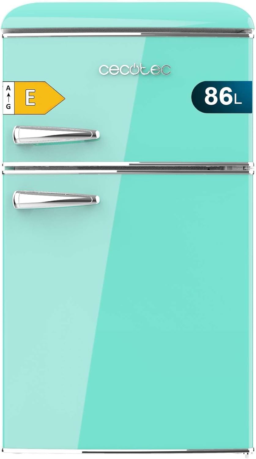 Cecotec Nevera Pequeña - Frigorífico 2 Puertas - Retro 86L - Bolero CoolMarket 2D Origin 86 Green E. 89,3cm de Alto y 48,7cm de Ancho, Clase Energética E, Icebox, Luz Interior y Tirador Cromado, Verde