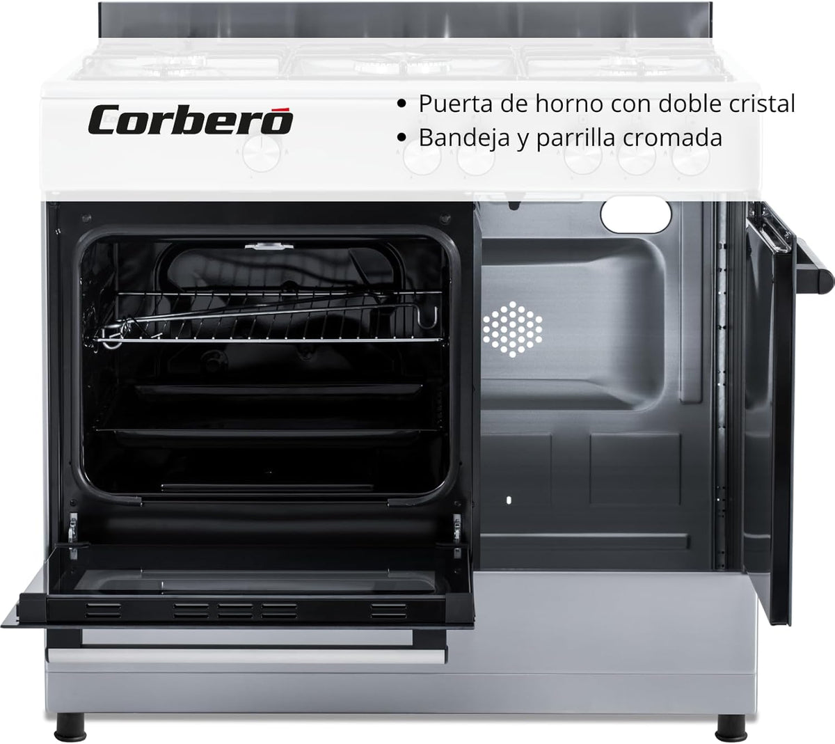 Corbero - Cocina de gas butano 5 fuegos | CC510GB90X | 80x90x60 | Horno de 60L con puerta doble | Wok en medio| Encendido Manual | Cajón calientaplatos| Bandeja y parrilla cromados |Con tapa| Inox