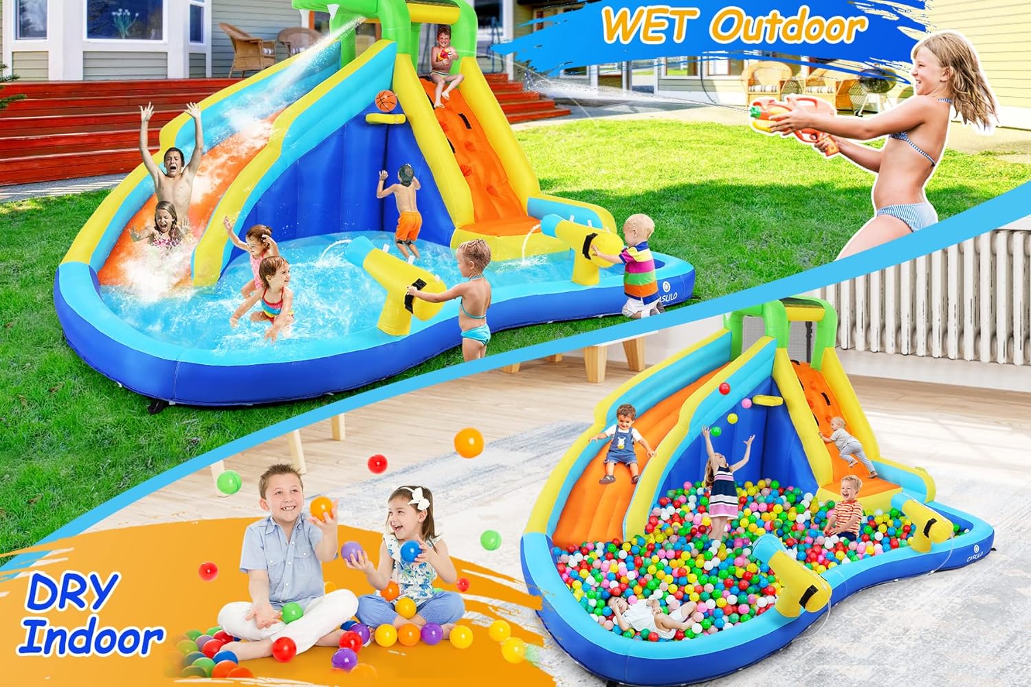 Tobogán acuático inflable 8-en-1 para niños: castillo inflable parque acuático con soplador de 450W, muro de escalada, piscina, 2 pistolas de agua, canasta de baloncesto, tobogán, rociador de cocodrilo – perfecto como regalo y para fiestas en el jard