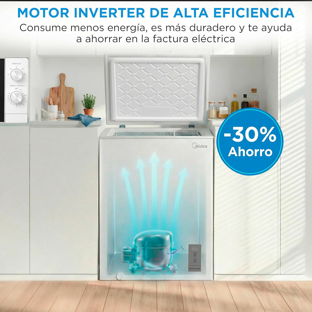 MIDEA Arcon Congelador Pequeño de 143L | Congelador Horizontal Convertible a Frigorífico con Motor Inverter, Control Electrónico de Temperatura, Cestas con Asa | Arcón Silencioso 37 db Bajo Consumo