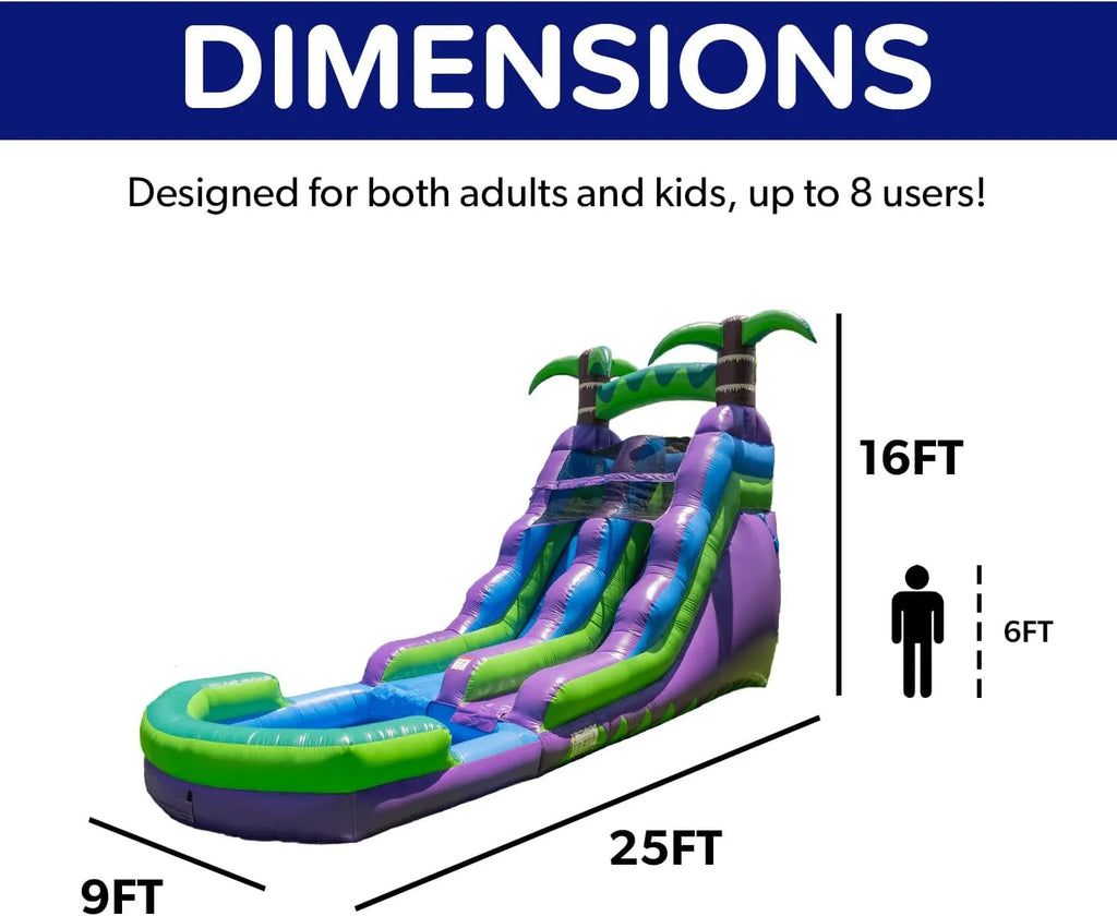 2025 HeroKiddo Resbaladilla Acuática Inflable de Grado Comercial de 16' con Piscina Adjacente para Niños y Adultos (con Ventilador), Uso Mojado y Seco, Diversión de Verano