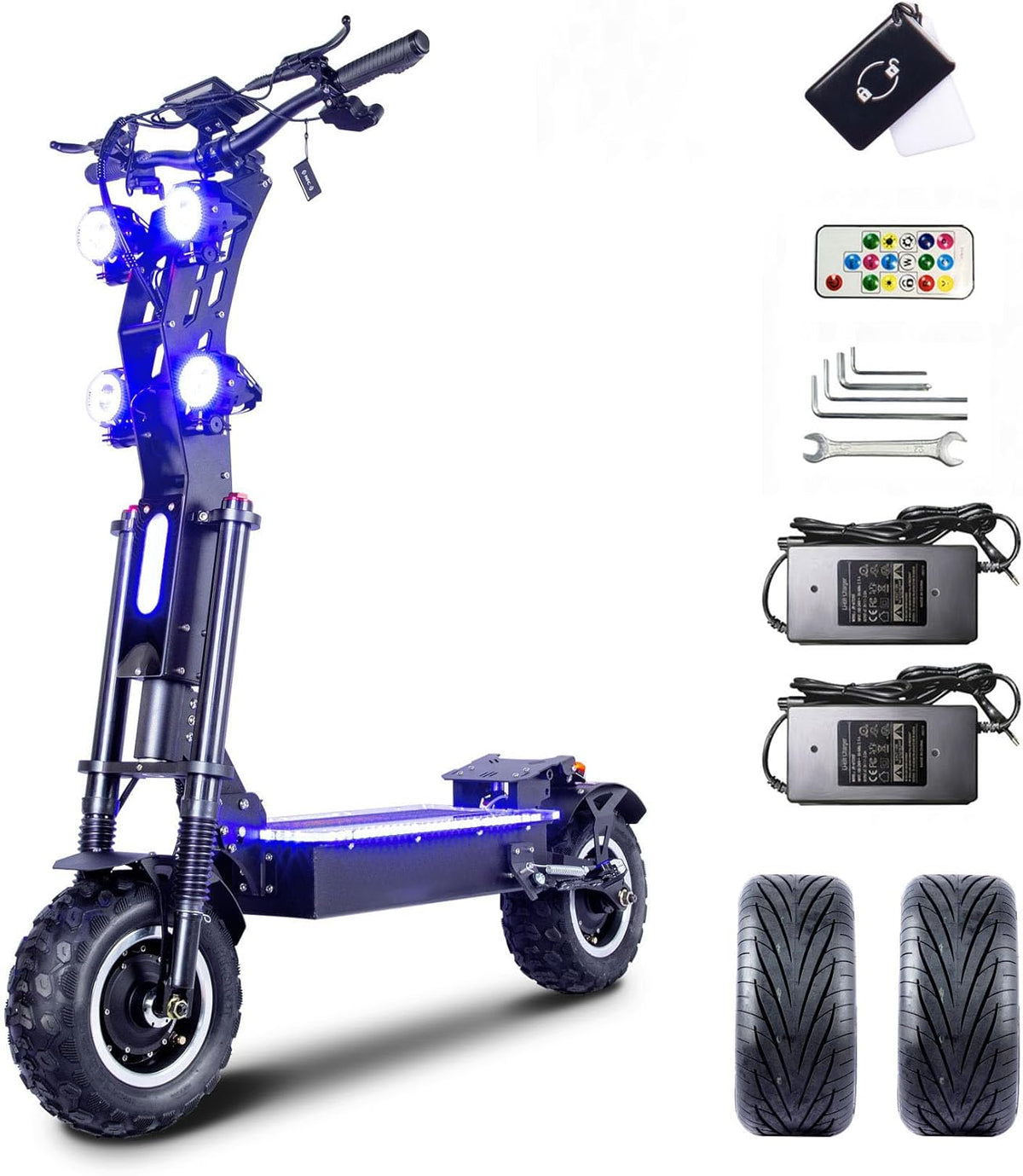 HWWH Patinete Electrico Potente Plegable Scooter Eléctrico Todoterreno Adultos 13 Pulgadas 3 Velocidades Dual Drive Batería de Litio de 72V / 50Ah Duración Máxima de la Batería 120 km