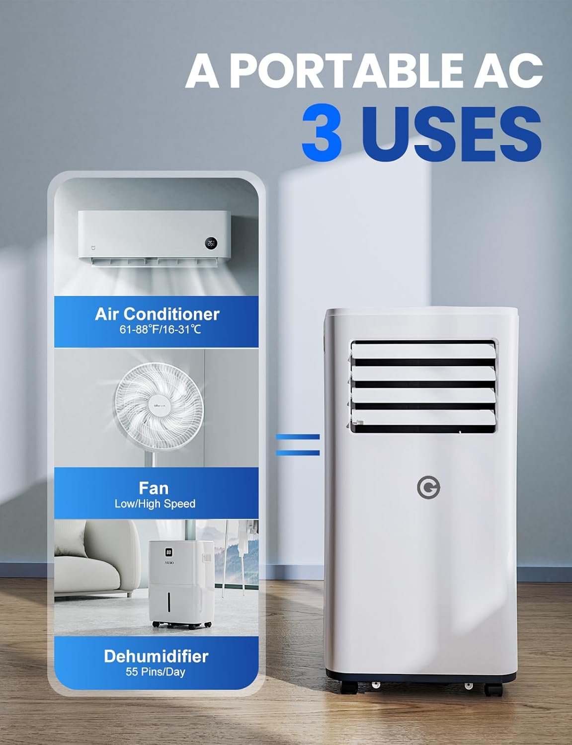 9000 BTU Aire Acondicionado Portátil, 4 en 1: Refrigeración, Ventilador, Deshumidificador y Modo Sueño, Silencioso, con Mando, Temporizador 24h y Kit de Ventana, para Dormitorio, Oficina, Garaje, 33㎡