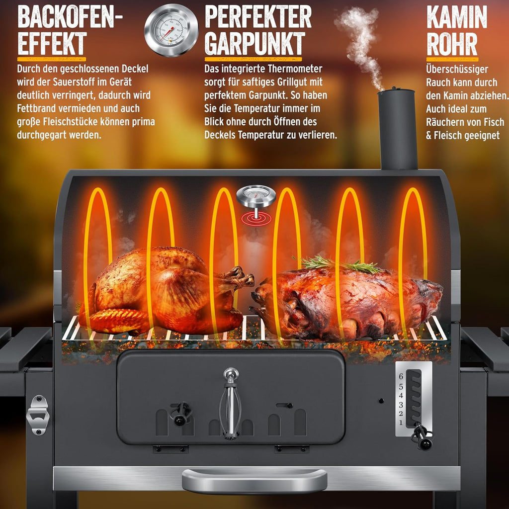 KESSER® Holzkohlegrill mit Wagen Grill mit Deckel, Rädern, Edelstahlgriff | Grill und Thermometer Großer Holzkohlegrill BBQ Grill Camping, Terrasse, Garten XXL Grau