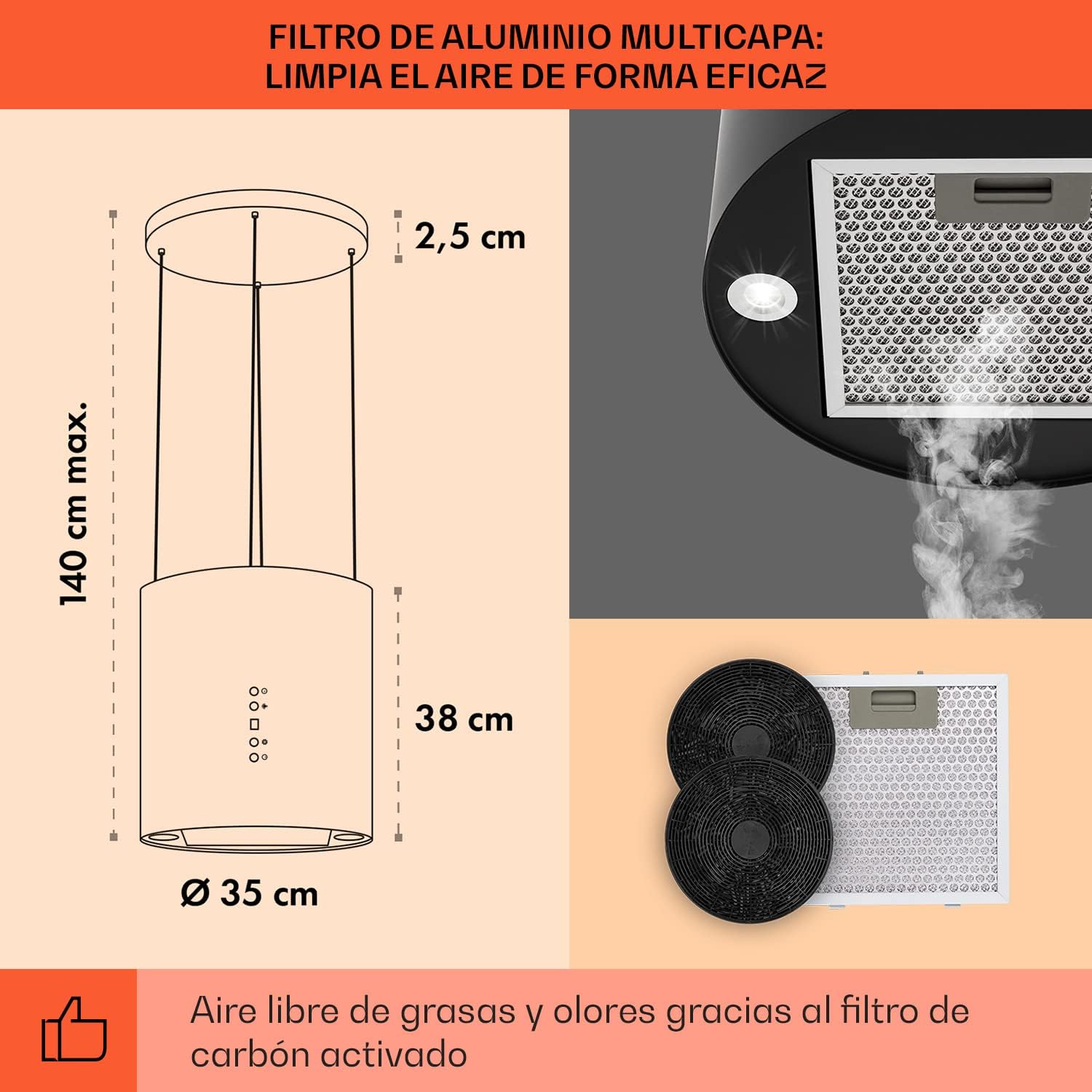 Klarstein Campana Isla Cocina, Extractor para Islas, Campana Isla Techo Flujo Aire 558m³/h, Campana Extractora Diseño Candelabro, Extractor Humos Cocina con Filtros de Carbón Activo