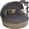tectake Rattan Island with Cushions, Garden Set with Folding Sliding Awning, Outdoor Garden Furniture with Steel Frame and UV Resistant, Combinable Terrace Set – Beige