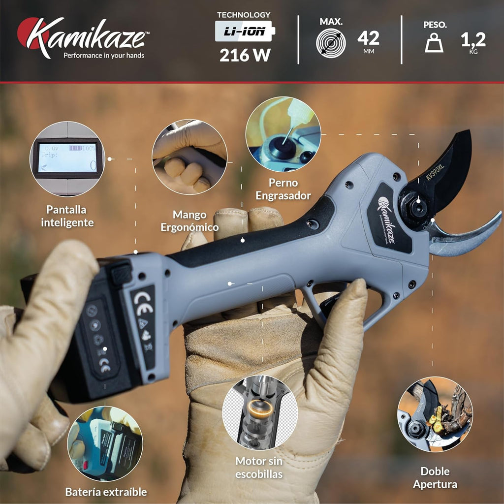 KAMIKAZE KV390 Professionelle elektrische Astschere mit 21,6V Lithium-Akku, Ø35mm Schnitt, 2 Akkus und Dreifachladegerät, Smart Display, Wartungskit und Transportkoffer