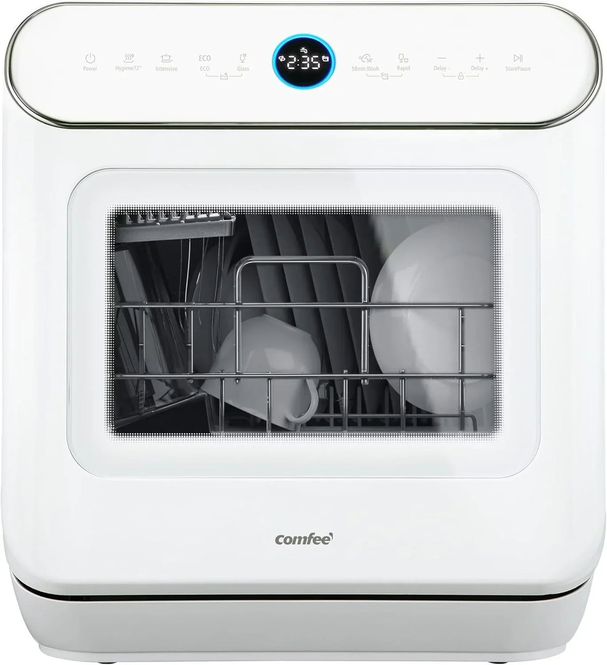 COMFEE Countertop Dishwasher, Mini Desktop Dishwasher with 6 Programs, Steam Wash, Baby Care and Fruit Wash, No Plumbing, Delayed Start, 72 Hours Storage, White