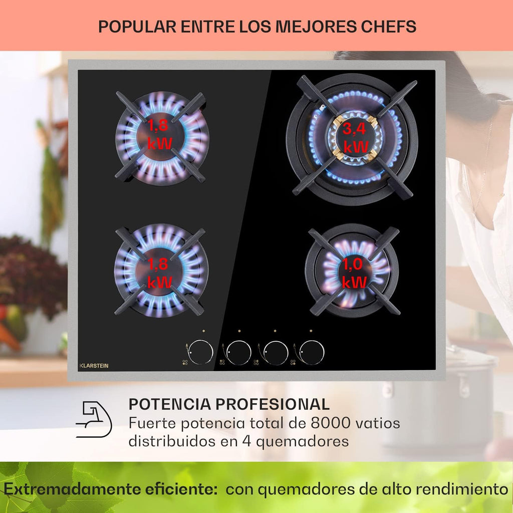 Klarstein Cocina de Gas Butano, Placa de Gas 4 Fuegos 8000W, Placa Vitroceramica Gas Integrada para Cocina, Placa Gas Butano de Diseño, Encimera Gas de Fogones con Base de vidrio y Acero Inoxidable
