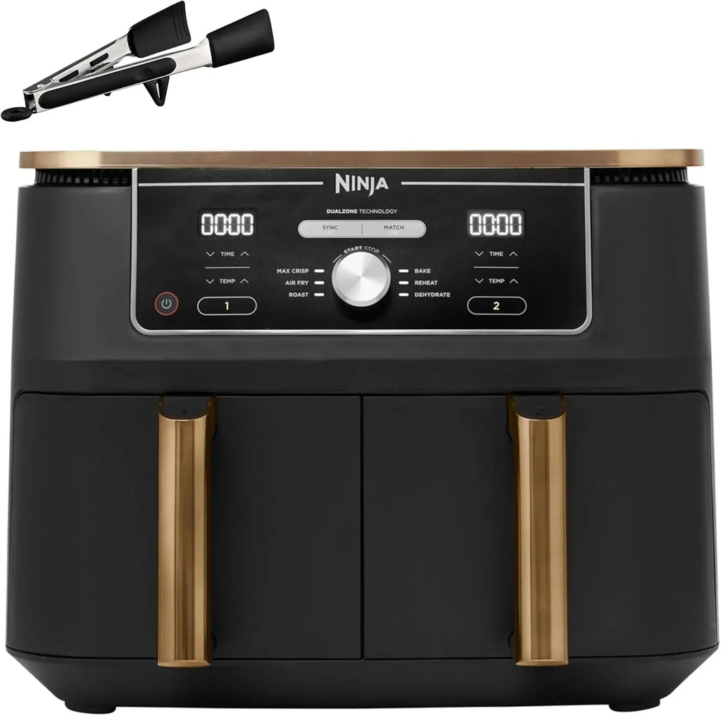 Ninja Foodi MAX Dual Compartment Air Fryer, 9.6L, 6-in-1, No Oil, Max Crisp, Roast, Bake and More, Tongs, 8 Servings, Non-Stick Baskets, Copper & Black, AF400EUCP