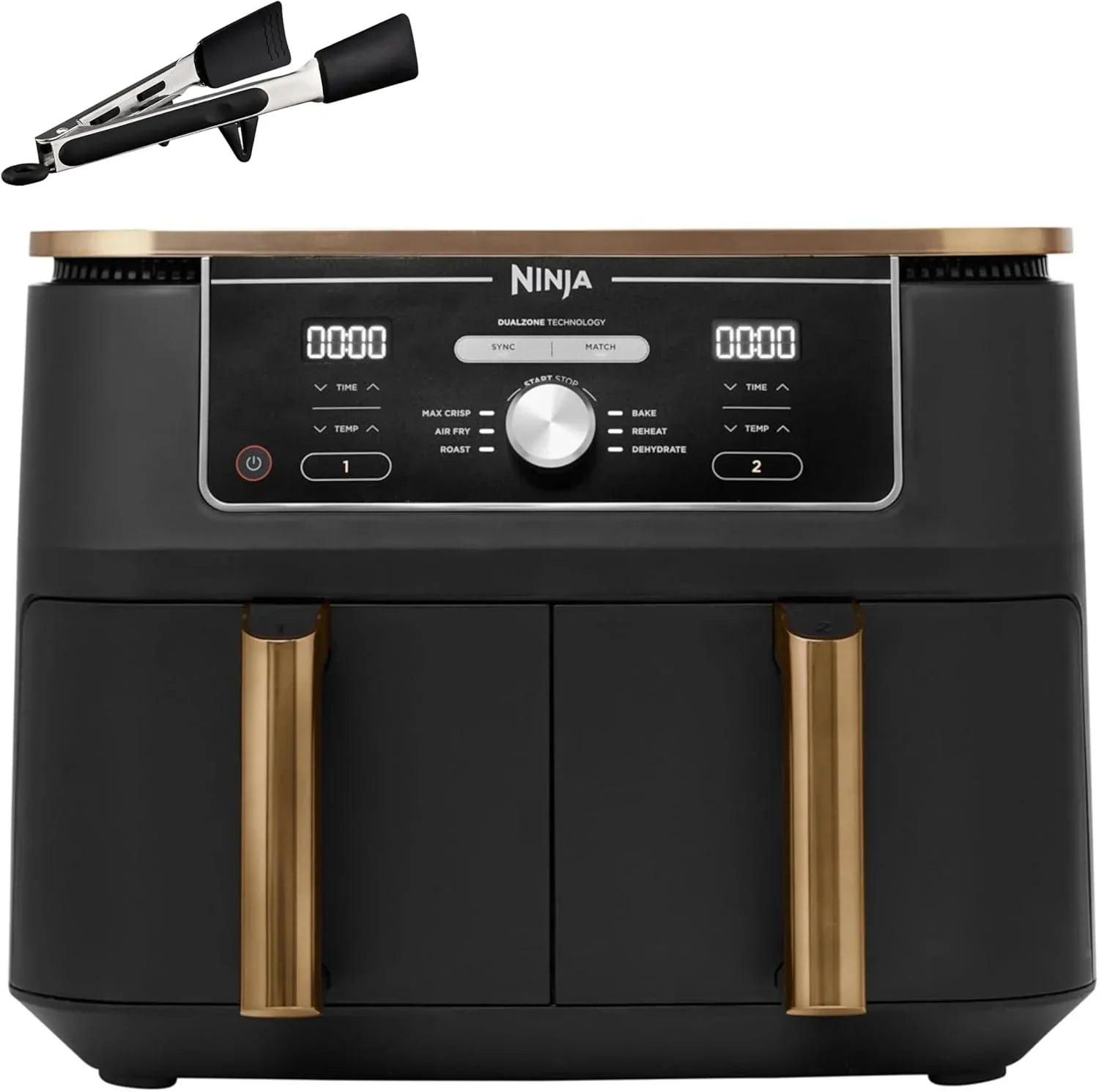 Ninja Foodi MAX Dual Compartment Air Fryer, 9.6L, 6-in-1, No Oil, Max Crisp, Roast, Bake and More, Tongs, 8 Servings, Non-Stick Baskets, Copper & Black, AF400EUCP