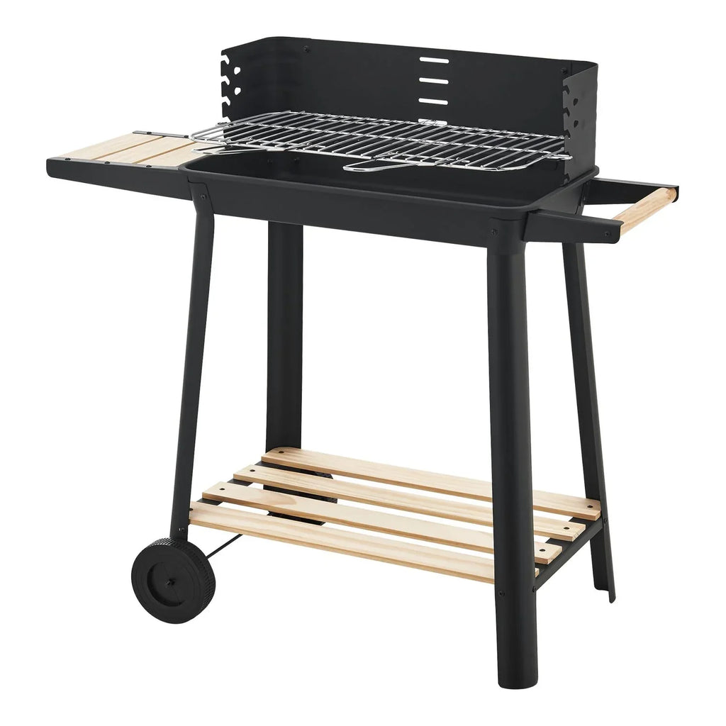 Holzkohlegrill Ari mit 2 Rädern 78x86x30cm - Schwarz/Holz [casa.pro]