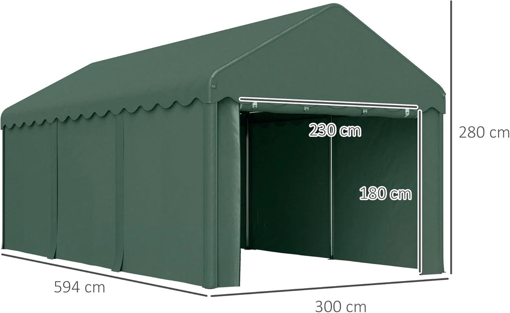 Outsunny Carpa Garaje 6x3 m Garaje Exterior para Coche Impermeable Garaje Portátil Anti-UV con Paredes Laterales Desmontables y 2 Puertas con Cremallera Verde