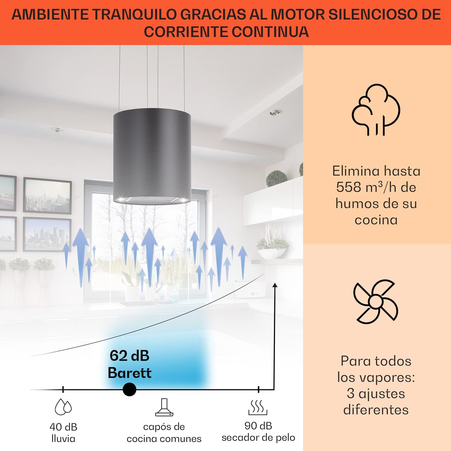 Klarstein Campana Isla Cocina, Extractor para Islas, Campana Isla Techo Flujo Aire 558m³/h, Campana Extractora Diseño Candelabro, Extractor Humos Cocina con Filtros de Carbón Activo