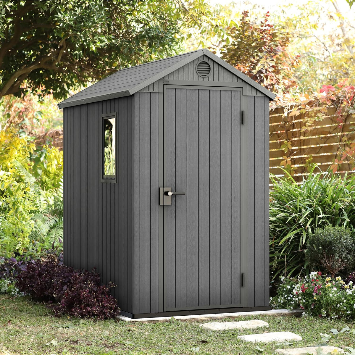 KETER Darwin 4x6 Caseta de jardín, 125.8 x 184.5 x 205 cm y 2.2 m2, Suelo, Sistema de ventilación, Puerta y Ventana, Resistente al Agua, Color Gris