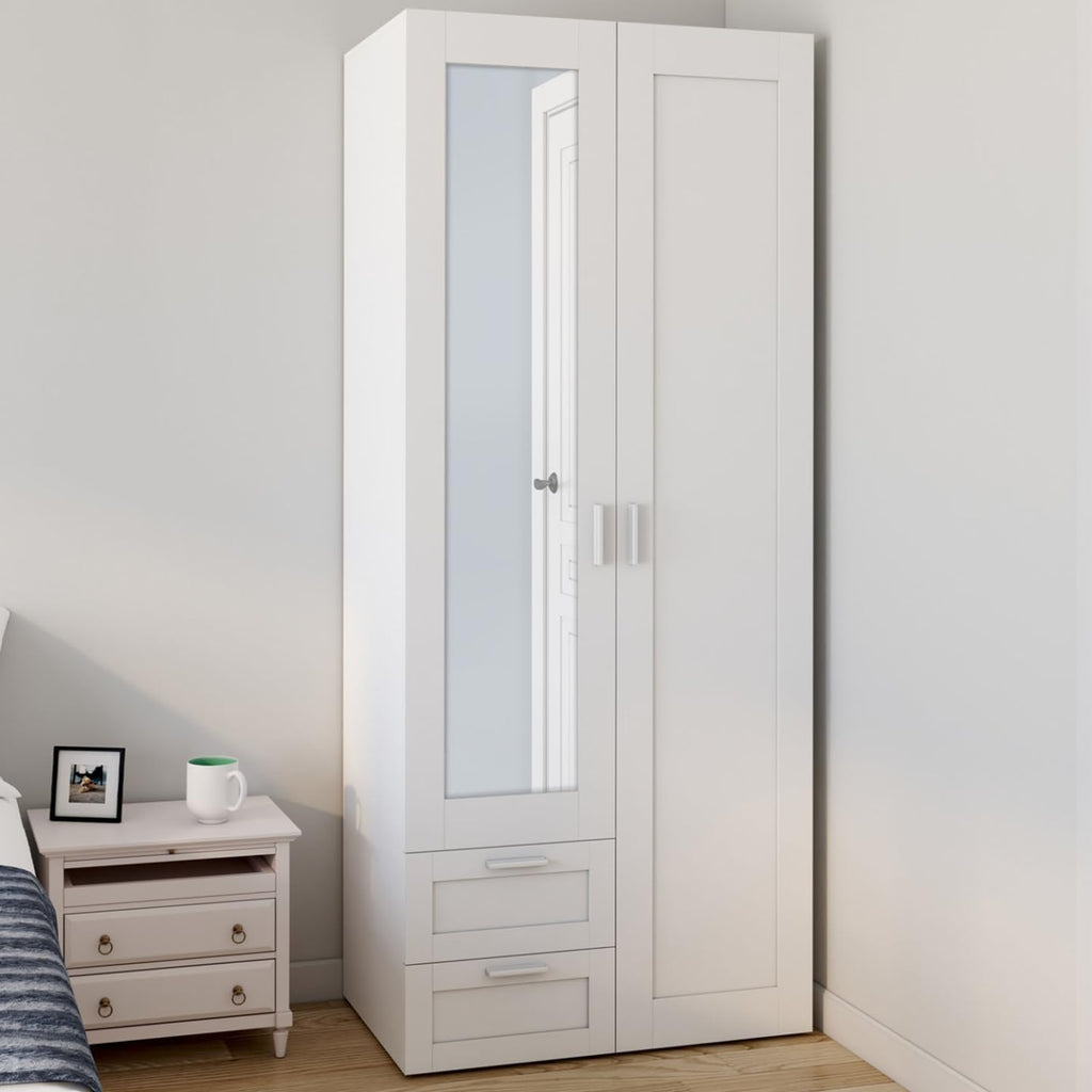 IDMarket - VITO 2-door wardrobe white 80 cm with 2 drawers, mirror and shelves