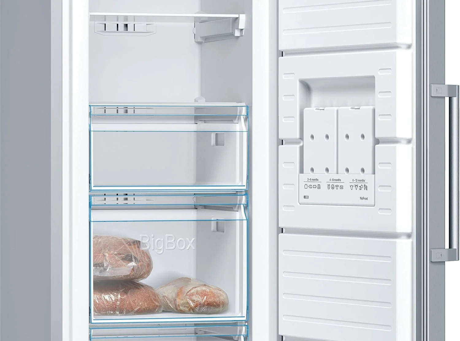 Bosch - Congelador Vertical NoFrost, Serie 4, alto 186 x ancho 60 cm, 242 L, Cajones BigBox para alimentos grandes, Sistema Multiairflow, Acero, GSN29VIEP