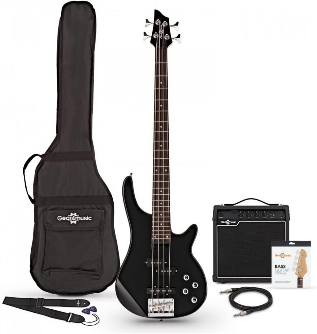 Gear4music Chicago E-Bass-Gitarre mit 15-W-Verstärker, 4 Saiten, schwarz