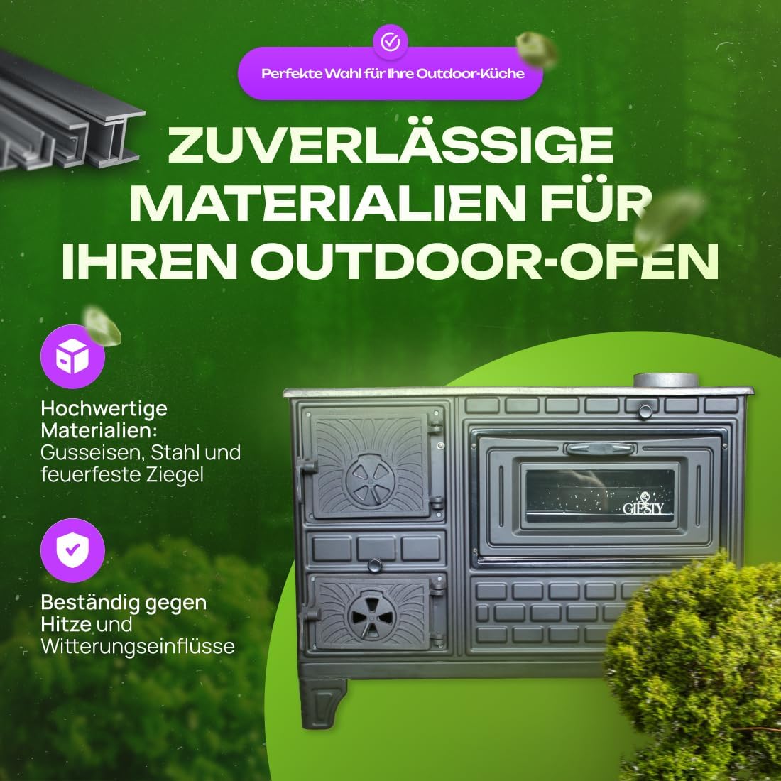 Outdoor-Kocher, Terrassenofen, Outdoor-Küche mit Holz oder Holzkohle, Gartenofen, Outdoor-Küche (Gusseisentür+2 Rohre)