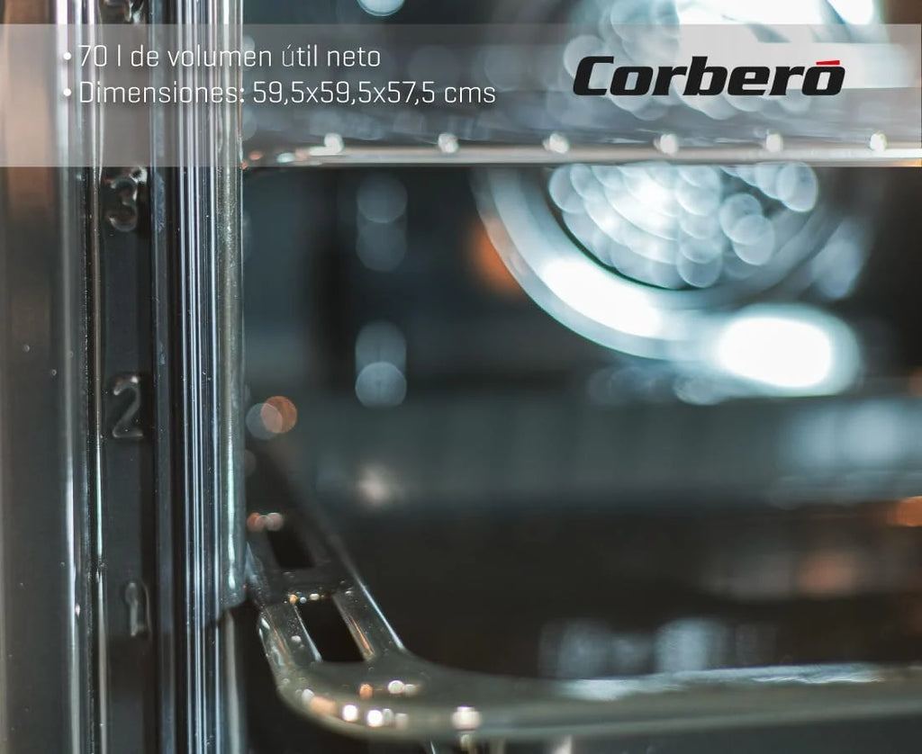 Corberó - Horno convección 70L | CCHM603W | 60x60x58 cm |Convencional con 4 Programas | Luz Interior | Limpieza Hidrólisis | Puerta Doble Cristal | 2100W | Blanco perfil Inox