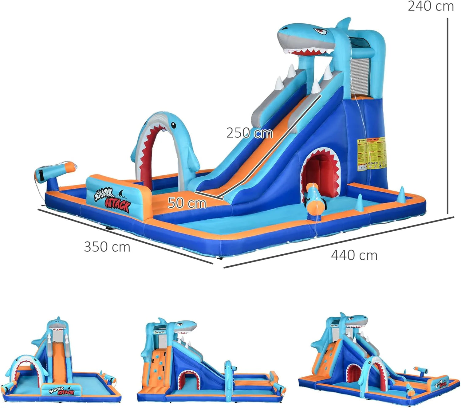 Outsunny Children's Inflatable Castle 6 in 1 Inflatable Castle for Children with Slide Pool Climbing Wall Water Cannon and Shark Themed Carry Bag 440x350x240cm Multicolor