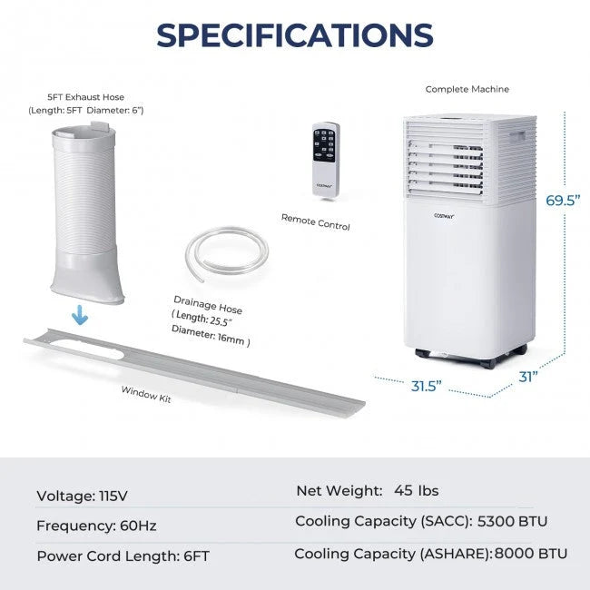Tragbare 3-in-1-Klimaanlage 8000 BTU mit Entfeuchter und Ventilatorfunktion