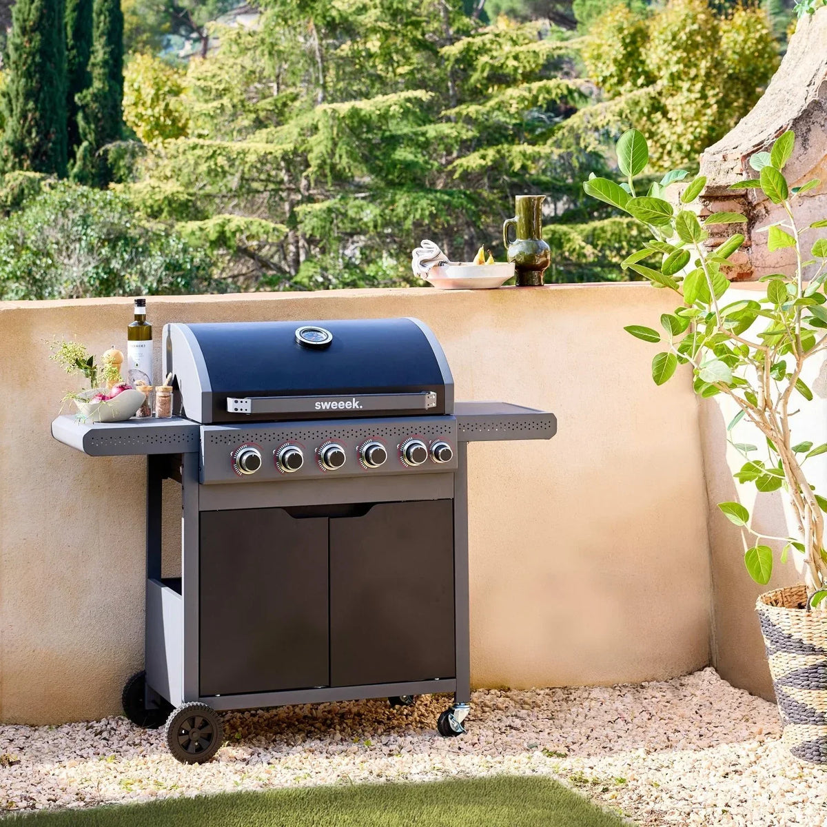 Gasgrill 5 Brenner + 1 Seitenbrenner, Schwarz