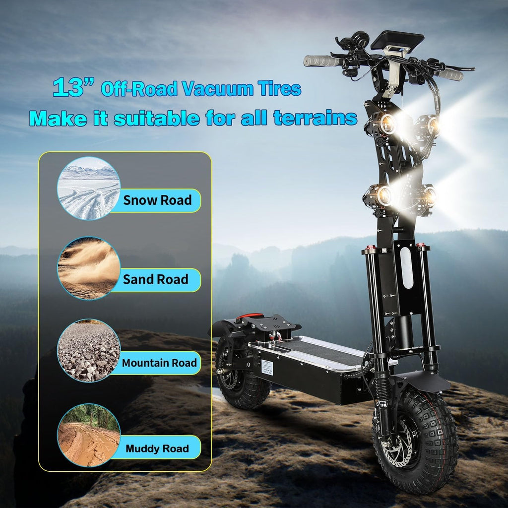 HWWH Patinete Electrico Potente Plegable Scooter Eléctrico Todoterreno Adultos 13 Pulgadas 3 Velocidades Dual Drive Batería de Litio de 72V / 50Ah Duración Máxima de la Batería 120 km