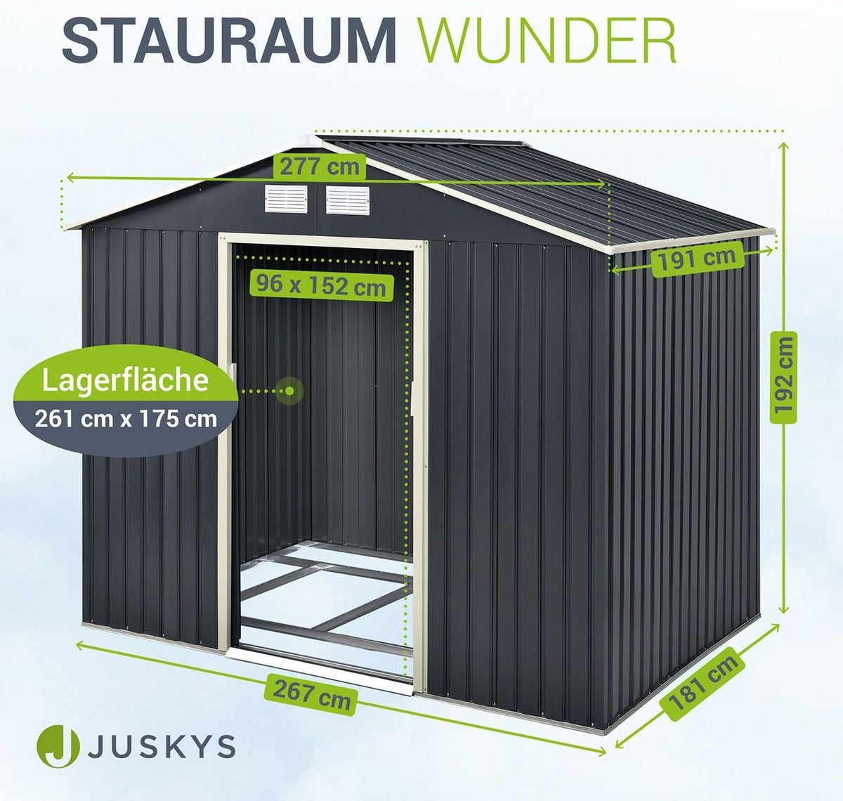 Juskys caseta metálica para Herramientas XL 9m³ con Techo a Dos Aguas, Puerta corredera y cimentación - 277 x 191 x 192 cm - Antracita - cobertizo metálico para jardín