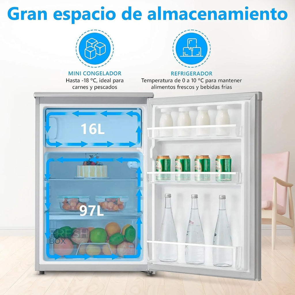 Midea Nevera pequeña 113L con Congelador - Mini frigorífico pequeño para la Habitación/Caravana/Camping - Mini Bar Bajo Consumo - Frigorifico Bajo Encimera Silencioso 39dB + Congelador -16º/-24º