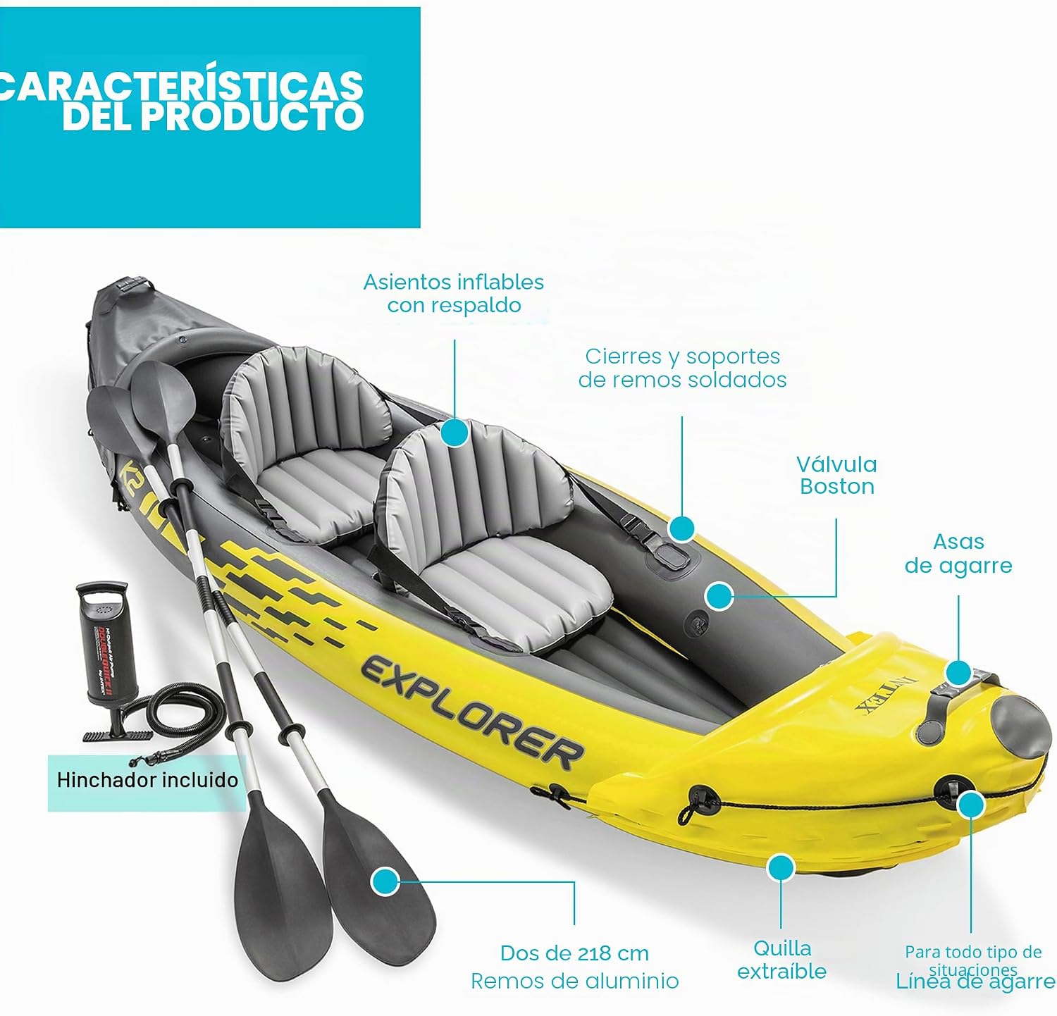Intex Explorer K2 Kayak, 2-Person Inflatable Kayak Set with Aluminum Oars and High Output Air Pump
