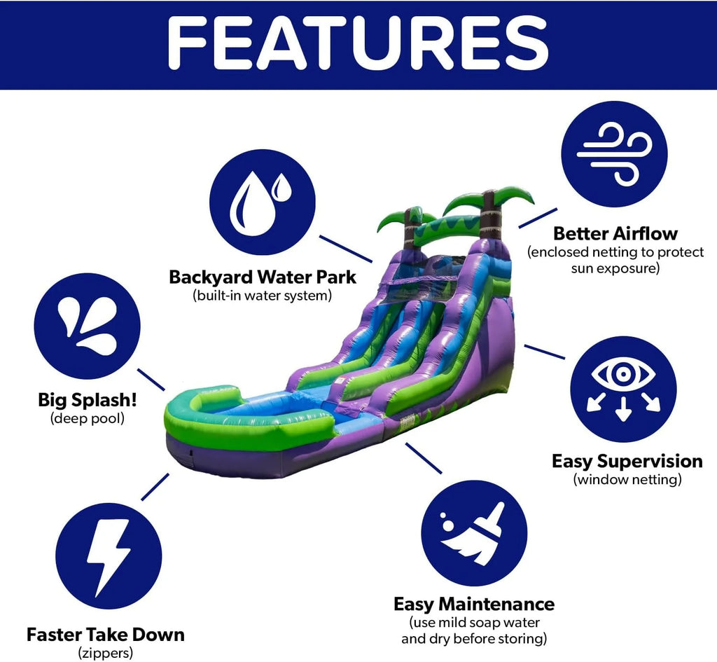 2025 HeroKiddo Resbaladilla Acuática Inflable de Grado Comercial de 16' con Piscina Adjacente para Niños y Adultos (con Ventilador), Uso Mojado y Seco, Diversión de Verano