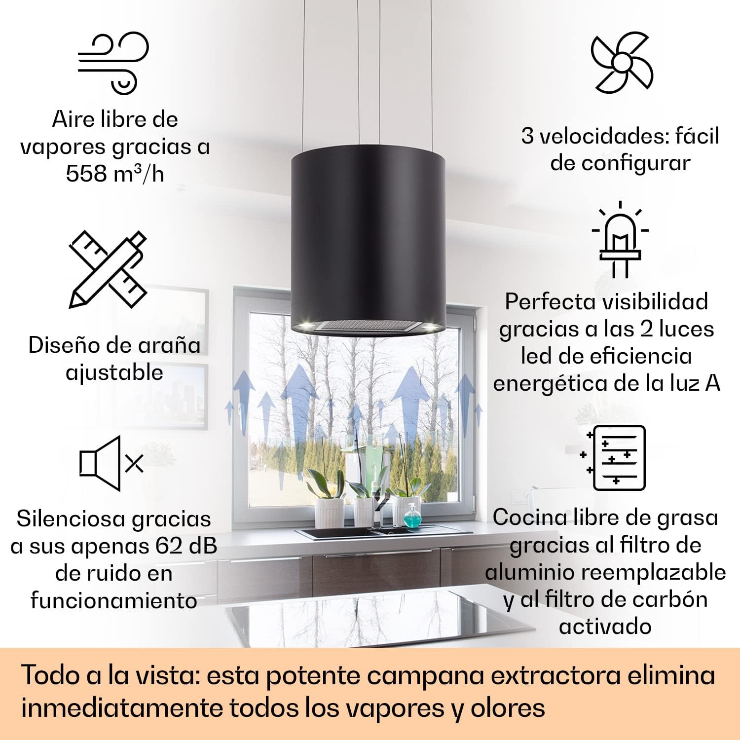 Klarstein Campana Isla Cocina, Extractor para Islas, Campana Isla Techo Flujo Aire 558m³/h, Campana Extractora Diseño Candelabro, Extractor Humos Cocina con Filtros de Carbón Activo