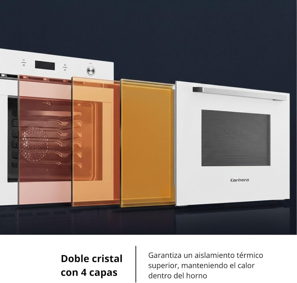 Corberó- Horno Pirolítico Multifunción 70L | CCHMP1033W |59.5cm(L)x59.5cm(A)x57.5cm(H) | 3200W | Display Digital | Mandos Escamoteables | Puerta Doble Cristal| Guías Extraíbles | 8 Programas, Blanco