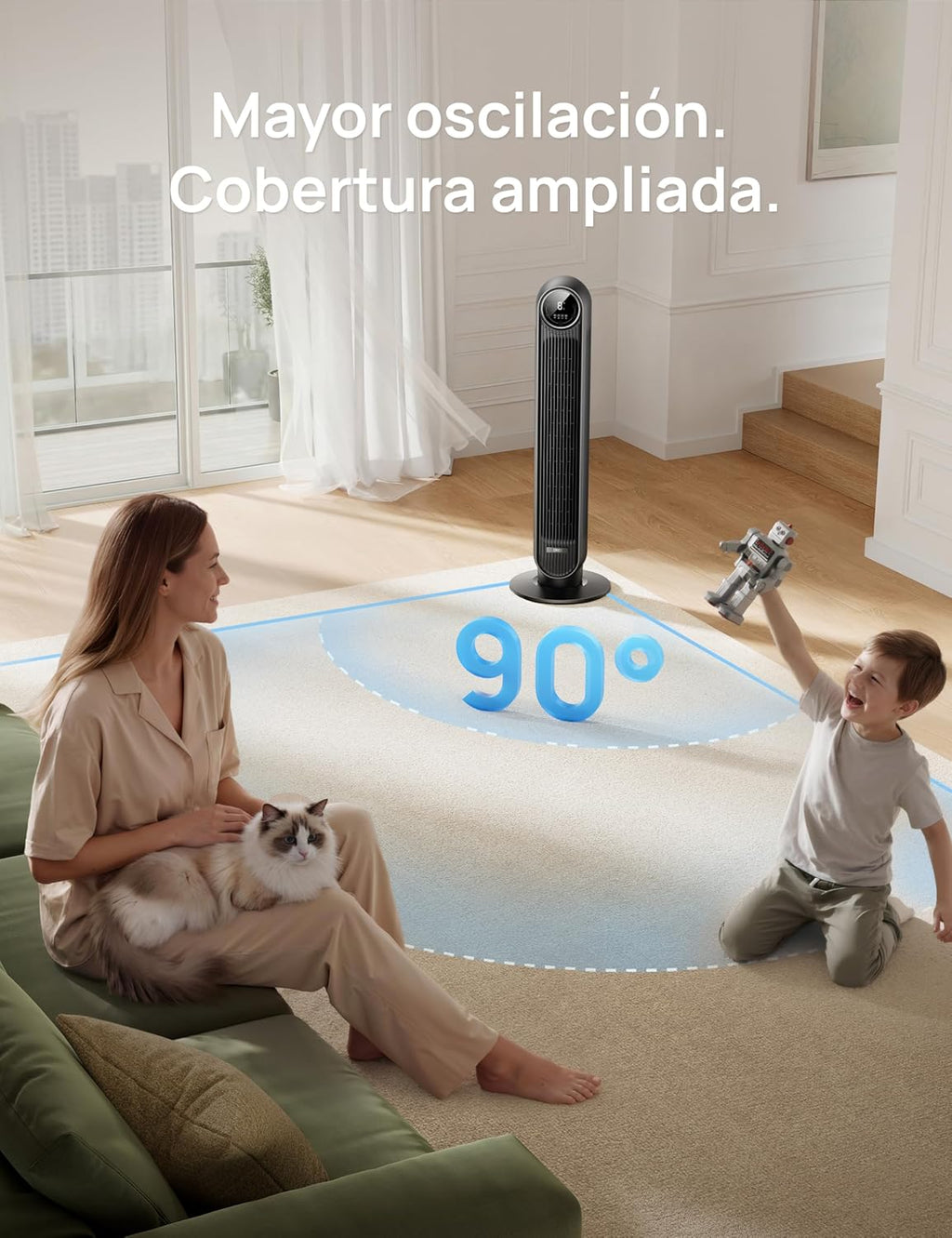 Dreo 20dB Ventilador de Pie Silencioso, Ventiladores de Torre con Velocidad de 7,6 m/s, 4 Velocidades, Rotación de 90°, Temporizador de 8 Horas, Pantalla LED y Mando a Distancia Incluido. Negro