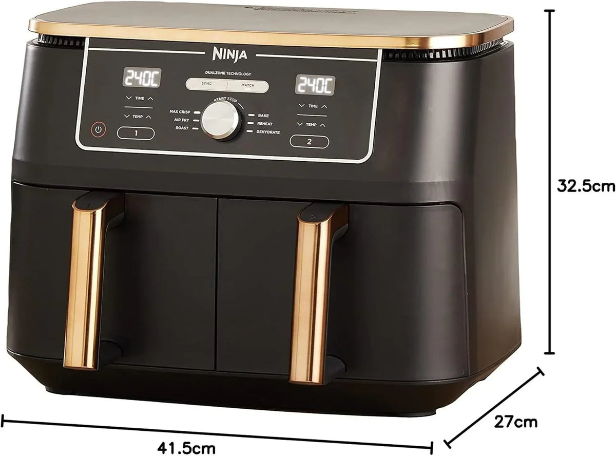 Ninja Foodi MAX Dual Compartment Air Fryer, 9.6L, 6-in-1, No Oil, Max Crisp, Roast, Bake and More, Tongs, 8 Servings, Non-Stick Baskets, Copper & Black, AF400EUCP
