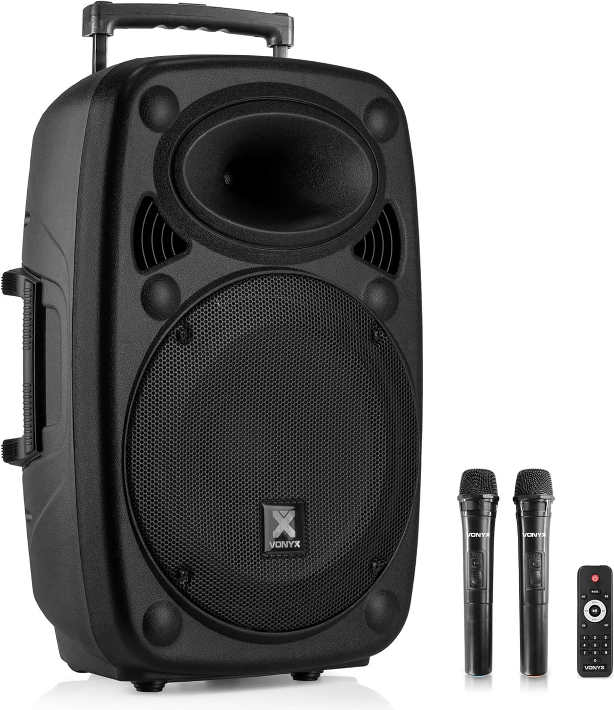 Vonyx Verve46 Leistungsstarker Bluetooth Lautsprecher 1000 W, Tragbarer Aktivlautsprecher mit Karaoke Mikrofon, Bluetooth Lautsprecher USB, SD, MP3, AUX, 2 UHF Mikrofonen, Fernbedienung, Subwoofer 15 Zoll, Schwarz